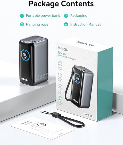 MOKiN Portable Charger 10000mAh, 45W PD Fast Charging Power Bank with Built-in Retractable USB-C Cable, Smart Display Mini Battery Pack, Pocket Portable Charger for iPhone 17/16/15, Samsung, iPad