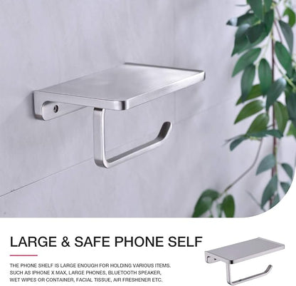 Toilet Paper Holder with Phone Shelf Solid Metal Bathroom Wall Mounted Tissue Roll Dispenser Storage, Brushed Nickel