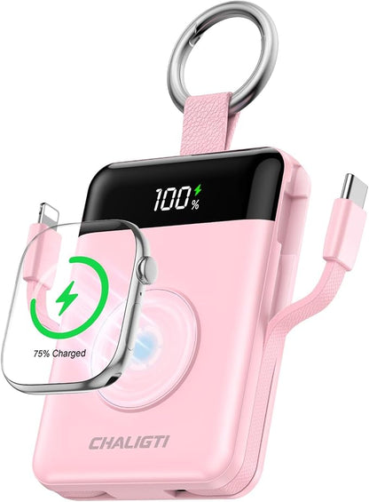 10000mAh Portable Charger,PD 22.5W Super Fast Charging Power Bank with Built-in Cables, Travel Keychain Battery Pack for iPhone 17/16/15/14/13/12,Apple Watch Ultra/11/10/9/8/7/6/SE (Pink)