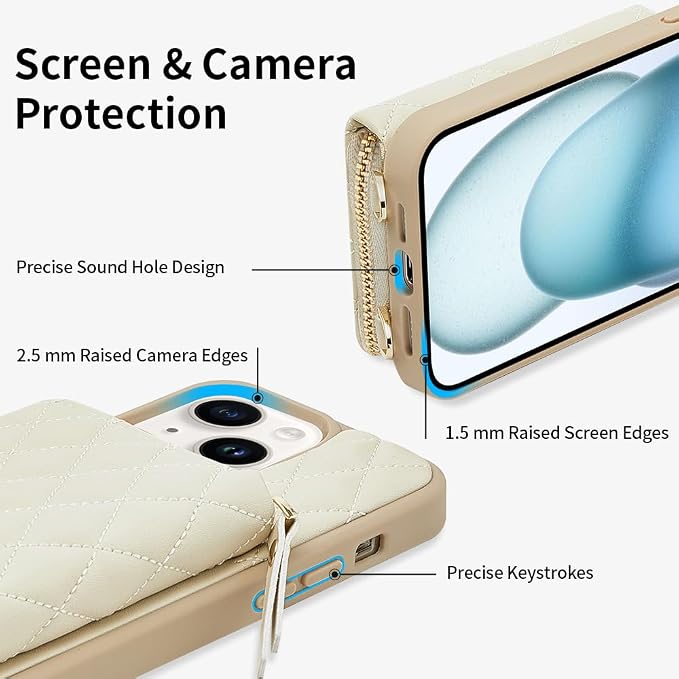 LAMEEKU Designed for iPhone 14 Wallet Case with Card Holder Crossbody Chain for Women RFID Shockproof Cover Compatible with iPhone 14, 6.1 Inch-Beige