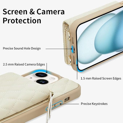 LAMEEKU Designed for iPhone 14 Wallet Case with Card Holder Crossbody Chain for Women RFID Shockproof Cover Compatible with iPhone 14, 6.1 Inch-Beige