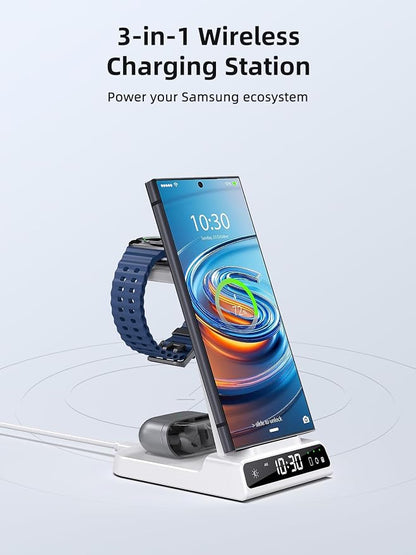 Wireless Charger Samsung Charging Station: 3 in 1 Android Charging Stand with Dimmable Clock - Nightstand Organizer for Galaxy S25 Ultra S24, Galaxy Watch 8 7 6 5 4, Galaxy Buds, Space-Saving Charger