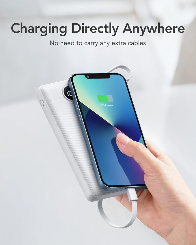 VRURC Portable Charger Built in 4 Cables, Slim Power Bank 10000mAh | Multi Devices Charging Bank with Lanyard, USB C Battery Pack for All Cell Phones, Samsung,Android-White(1 Pack)