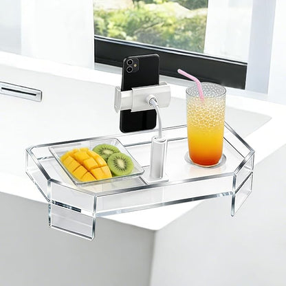 Clear Acrylic Bath Tub Tray Hot Tub Tray with Adjustable Phone&Tablet Holder, Modern Bath Table Tray for Bathtub,Spa Bath Caddy that Can Be Used as a Hot Tub Side Table,Fits Freestanding Square Tubs