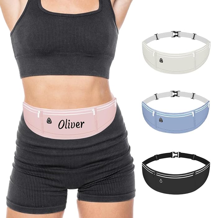 Personalized Slim Running Belt Fanny Pack for Men Women - Adjustable Waist Phone Holder with Reflective Strip, 3-Pocket Design for Running Hiking Cycling Gym (Pink)