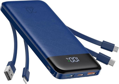 charmast 20000mAh Portable Charger with Built in Cables, 22.5W Travel Power Bank Fast Charging, USB C Cell Phone Battery Pack for iPhone 16/15/14/13/12/11 Series, iPad, Samsung, Android, Tablet