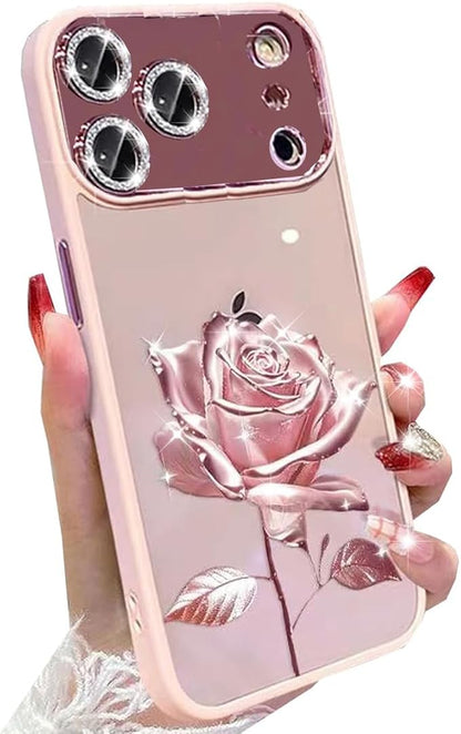 for iPhone 17 Pro Fairy Rose Clear Case,Cute Flower Floral with Glitter Bling Sparkly Camera Lens Protector TPU Bumper Shockproof Women Girls Slim Protective Case for iPhone 17 Pro 6.3", Pink