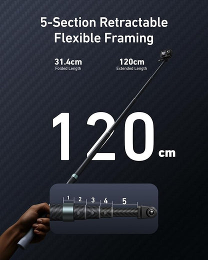 TELESIN Selfie Stick Long Pole Invisible for GoPro (120cm/47.2in),Carbon Fiber Waterproof Extension Monopod for GoPro 13 12 11 DJI Osmo Nano Action 6 5 Pro 4 Pocket 3 Xtra Muse Insta360 X5 X4 Ace Pro