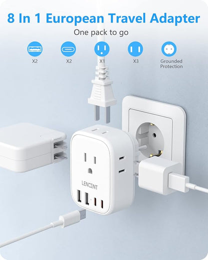 LENCENT Germany France Travel Power Adapter, Schuko Type E/F Power Plug | 2 Pack Adapter with 4 USB Ports(2 Type C), 4 Outlet Converter, US to EU Spain French German Greece Norway Iceland South Korea