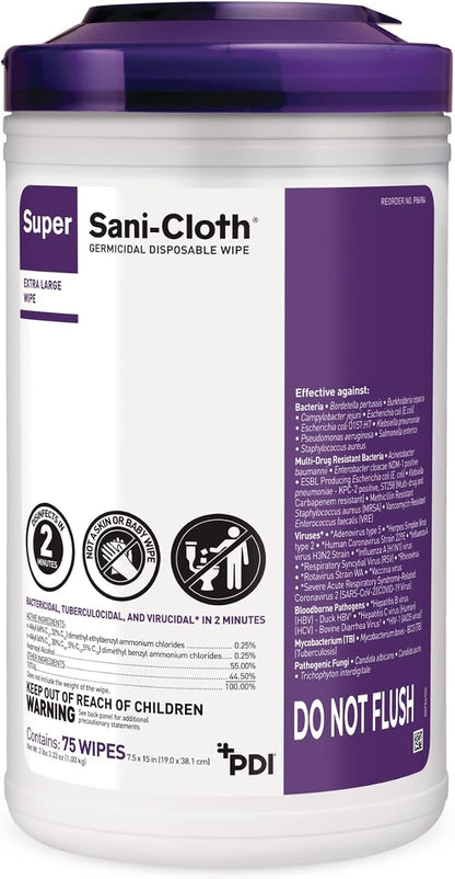 Super Sani-Cloth X-Large Disinfectant Wipes, 6-Pack (450 Count), 75 XL 7.5" x 15" Wipes, Hospital-Grade Surface Cleaning and Disinfecting