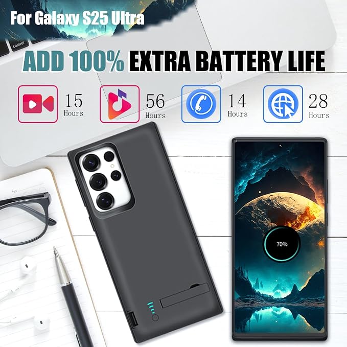 Battery Case for Samsung Galaxy S25 Ultra, 5000mAh Rechargeable Extended Battery Charging Charger Case, Add 100% Extra Juice (6.9 Inches) Black