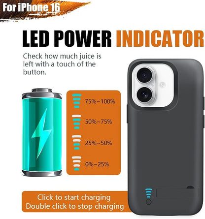 Battery Case for iPhone 16, 5000mAh Rechargeable Extended Battery Charging/Charger Case, Add 100% Extra Juice (6.1 Inches) Black