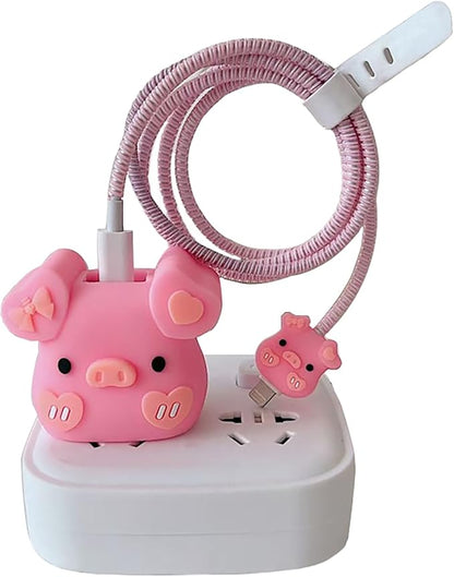 Compatible with Apple 20W/18W USB-C Adapter Charger, 3D Cartoon Protective Case for iPhone 20W USB-C Power Adapter Charger Fast Lightning Cable Cable Cover (Bowknot Pig)