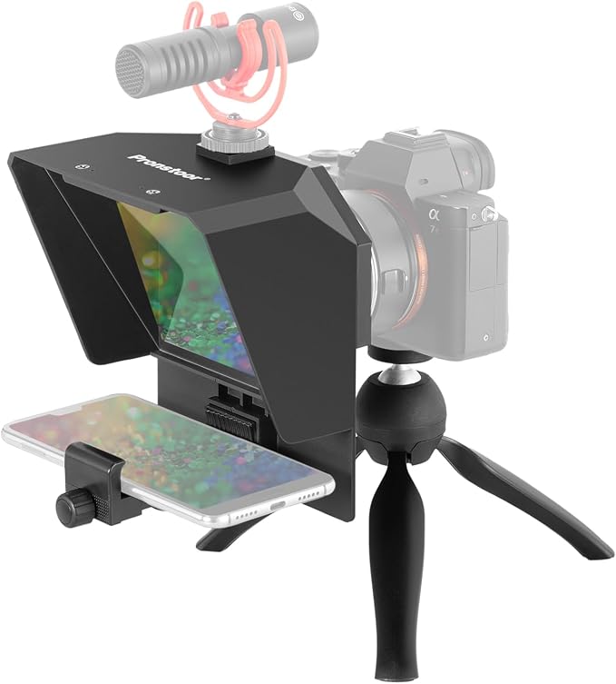AMBITFUL Teleprompter 7.5'' with Tabletop Tripod for Smartphone and DSLR Camera, Adjustable Phone Clip & Camera Adapting Ring, for Live Streaming, Interviews(Mini Teleprompter Only)