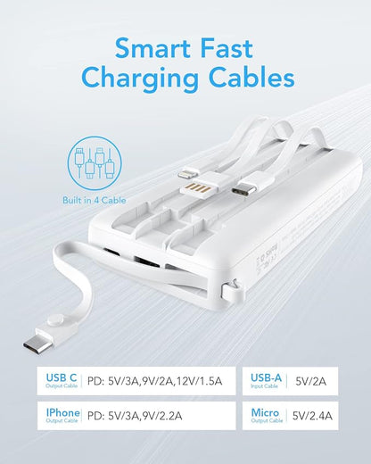VRURC Portable Charger 20000mAh, Built-in Cables Fast Charging Power Bank, PD QC 3.0 Travel Essentials Battery Pack, 4 Output & 2 Input Phone Charger for iPhone16 15 14 13 X, Samsung, Android