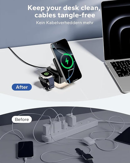 KPON for iPhone Nightstand Charging Station,15W 3 in 1 Wireless Phone Charger Stand with Night Lamp, Travel Foldable Magnetic Cube Magsafe Dock for iPhone 17 16 15 14 13 12 Series/Apple Watch/Airpods