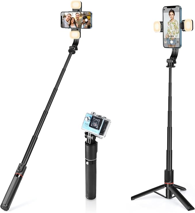 UTEBIT Phone Tripod & Selfie Stick with Light & Remote, 42" Extendable Selfie Stick Cell Phon Travel Tripod Stand Compatible with iPhone Android, Camera, 360° Rotation & Wireless Remote Control, Black