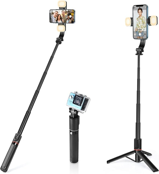 UTEBIT Phone Tripod & Selfie Stick with Light & Remote, 42" Extendable Selfie Stick Cell Phon Travel Tripod Stand Compatible with iPhone Android, Camera, 360° Rotation & Wireless Remote Control, Black