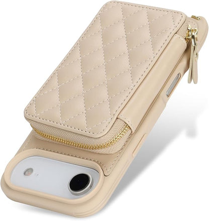 Crossbody Wallet Case for iPhone Air, PU Leather Zipper Handbag Purse Flip Cover, Kickstand Folio Case with Card Slots Holder Wrist Strap Lanyard 5G 6.5 Inch-White