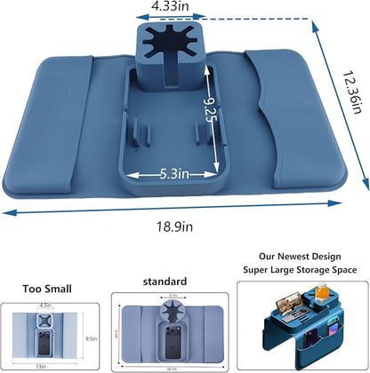 Silicone Couch Cup Holder for Tablet & Phone Stand, Sofa Arm Tray Organizer with Dual Side Pockets for Remotes Snacks Headphones & Glasses Drinks Anti-Slip & Heat Resistant Sofa Caddy (Blue)