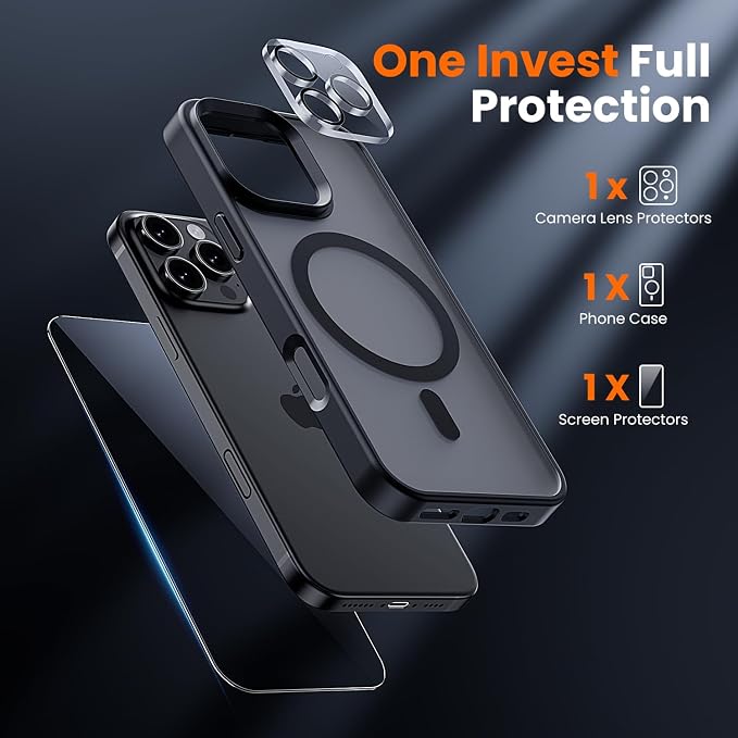 Case for iPhone 16 Pro Matte Black | 3 in 1, with MagSafe, Screen Protector*1, Camera Lens Protector*1, Skin Feeling Back Cover, Military-Grade Protection