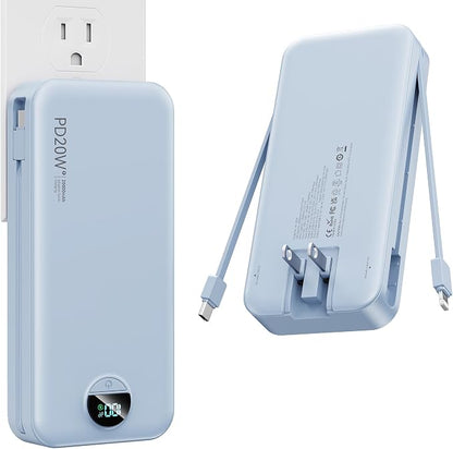 Nusyddy Portable Charger 20000mAh PD20W w/Built-in Cables & Wall Plug Blue | PD20W Fast Charging, High Capacity, LED Display, Charge 5 Devices at once, TSA Approved, Compatible with iPhone/iPad/Samsung