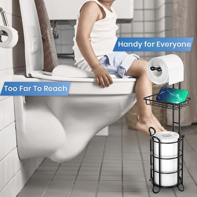 Matte Black Bathroom Freestanding Toilet Paper Holder Tissue Roll Holder Stand with Shelf Storage Holds 4 Jumbo Rolls Phone and Wipes