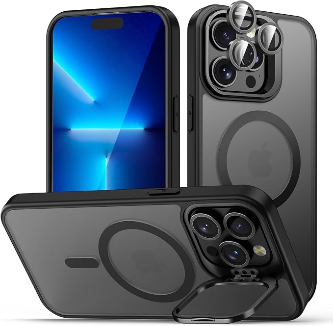 for iPhone 13 Pro Max Case, Compatible with MagSafe, 3-in-1 Camera Ring Stand, with 9H Camera Lens Cover, Non-Slip Translucent Matte Military-Grade Drop Protection Magnetic Case, Black