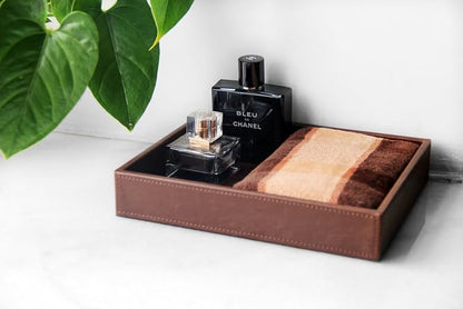 HofferRuffer Decorative Vanity Tray, Desktop Storage Organizer, Catchall Tray, Valet Tray, Nightstand or Dresser Organizer, PU Faux Leather Bathroom Tray, Brown, 10.2 x 8.4 x 1.8 inches (Pack of 2)