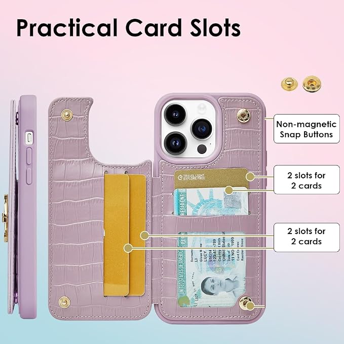 CUSTYPE for iPhone 14 Pro Max case Wallet with Card Holder, 180° Rotation Ring Holder Stand Card Slots Case,Leather Double Snap Cover with Wallet for Women and Girls 6.7 "-Purple