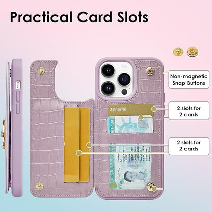 CUSTYPE for iPhone 14 Pro Max case Wallet with Card Holder, 180° Rotation Ring Holder Stand Card Slots Case,Leather Double Snap Cover with Wallet for Women and Girls 6.7 "-Purple