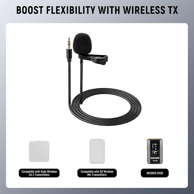 NEEWER CM5 Lav Mic (2 Pack), 3.9ft/1.2m Wired Clip On Lavalier Lapel Omnidirectional Condenser 3.5mm TRS Mini Microphone Compatible with Camera Rode Wireless GO II 2 DJI Transmitter, 1x Cleaning Cloth