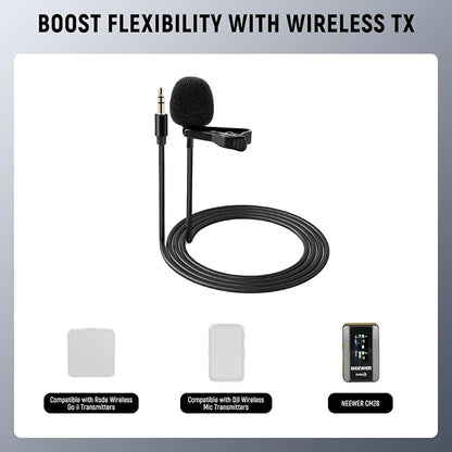 NEEWER CM5 Lav Mic (2 Pack), 3.9ft/1.2m Wired Clip On Lavalier Lapel Omnidirectional Condenser 3.5mm TRS Mini Microphone Compatible with Camera Rode Wireless GO II 2 DJI Transmitter, 1x Cleaning Cloth
