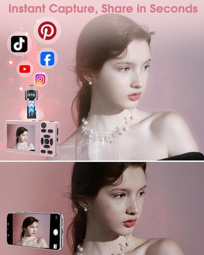 Digital Camera with Front Rear Lens, Autofocus 64MP 4K Camera for Photography with 32GB Card, Portable Compact Point and Shoot Camera for Teens Adult Beginner with Metal Shell, 2000mAh Battery