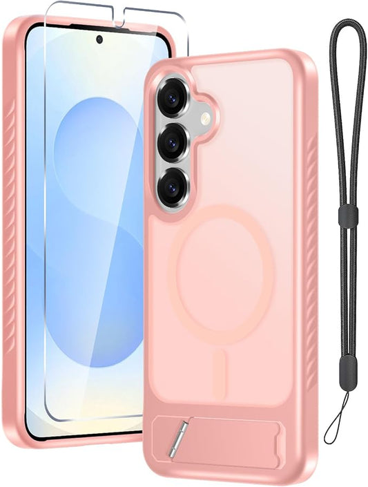 RMOCR for Samsung Galaxy S25 Plus Case with Screen Protector+Lanyard Wrist Strap,Magnetic Translucent Matte Rugged Slim Phone Cover Built in Invisible Kickstand [Fit for MagSafe],2025 Cute Pink