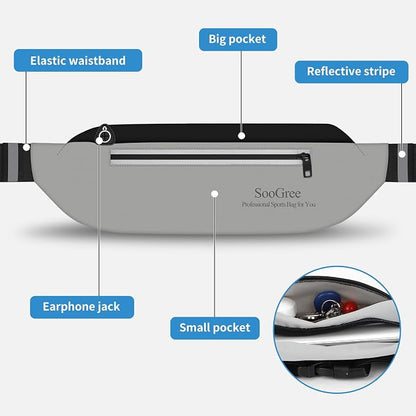 SooGree Running Waist Pack for Men Women, Lightweight Waterproof Sports Belt Bag, Phone Running Pouch, Night Reflective Fitness Storage Bag for Running Cycling Hiking Traveling (Black/Gray)