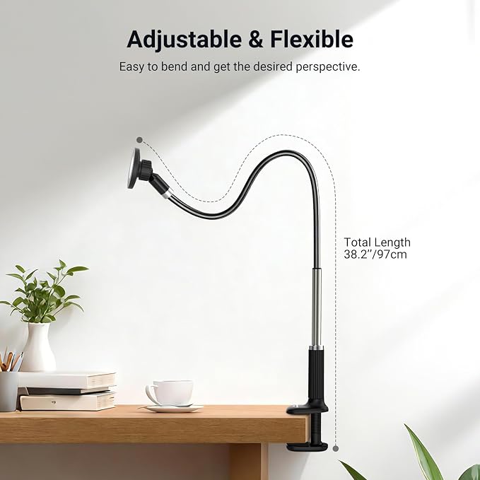 NEEWER Basics Magnetic Phone Stand for Desk, 360° Overhead Table Cellphone Holder Clamp Mount with Flexible Arm, Compatible with MagSafe iPhone Android Samsung for Bed Video Recording, PA151 Black