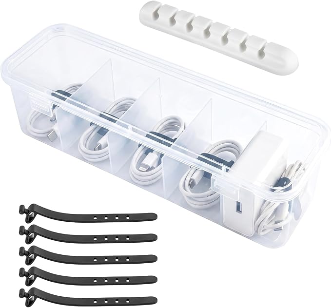 Charging Cord Storage Organizer- 5 Compartments | Charging Cord Organizer Box, with 5 Cable Ties and 1 Cable Clip,for Home Office Desk
