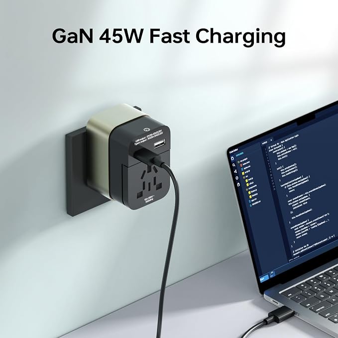 Universal Travel Adapter 45W, GaN Fast Wall Charger Outlets with PD 3.0 USB-C & USB-A Ports, Surge Protected Worldwide Plug Adaptor for US to European China UK Italy Ireland, Type A B C E F G I