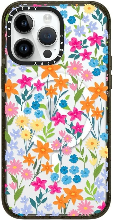 CASETiFY Impact iPhone 14 Pro Max Case [4X Military Grade Drop Tested / 8.2ft Drop Protection/Compatible with Magsafe] - Bright Spring Flowers - Daisy Floral Pattern - Glossy Black