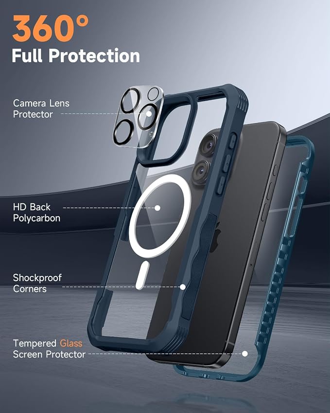 seacosmo for iPhone 16 Pro Max Case, Full Body Bumper with Built-in 9H Tempered Glass Screen and Camera Lens Protector, Compatible with MagSafe, Shockproof 16 Pro Max Phone Case, 6.9", Blue