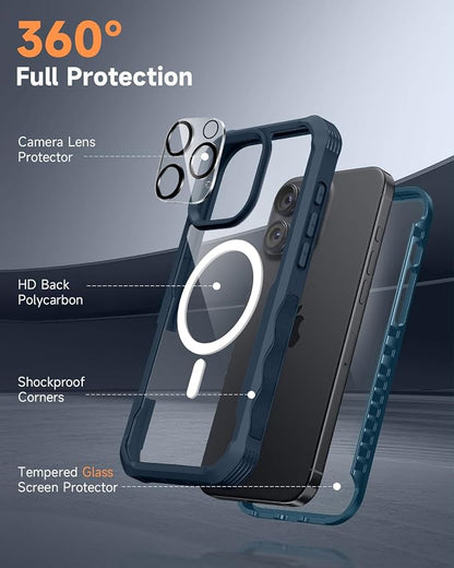 seacosmo for iPhone 16 Pro Max Case, Full Body Bumper with Built-in 9H Tempered Glass Screen and Camera Lens Protector, Compatible with MagSafe, Shockproof 16 Pro Max Phone Case, 6.9", Blue