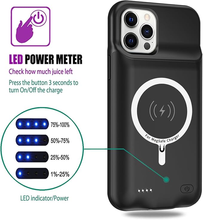 Battery Charging Case for iPhone 12/12 Pro, 10000mAh High Capacity Portable Protective Battery Case Wireless Charging Compatible with iPhone 12/12 Pro (6.1 inch) Extended Battery Charger Cover(Black)