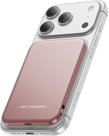 Magnetic Portable Charger, 5000mAh Ultra Slim Power Bank, 15W Fast Charging for Magsafe Battery Pack, Travel Essential Wireless Charger Compatible with iPhone 17/16/15 Series - Rose Gold