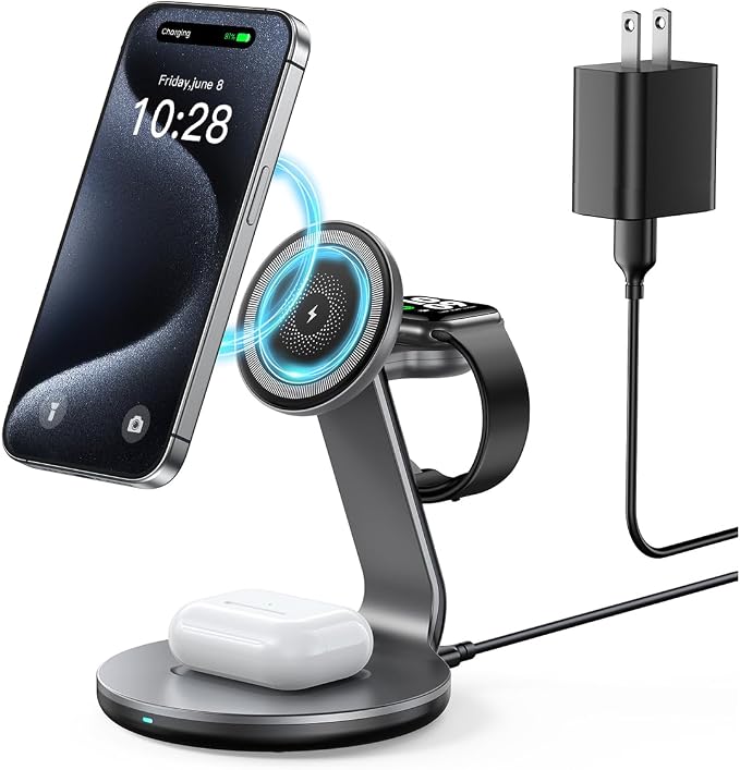 HERRBOLAI 3 in 1 Charging Station Compatible with Magsafe Charger Wireless Stand for iPhone 17 16 15 14 13 12 Wireless Charger Station for AirPods Charging Stand for iWatch Series