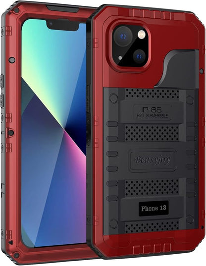 Beasyjoy for iPhone 13 Case Waterproof, Metal Phone Case with Built-in Screen Protector, Heavy Duty Full Body Protective Military Grade Shockproof Rugged Defender Cover 6.1 Inch, Red