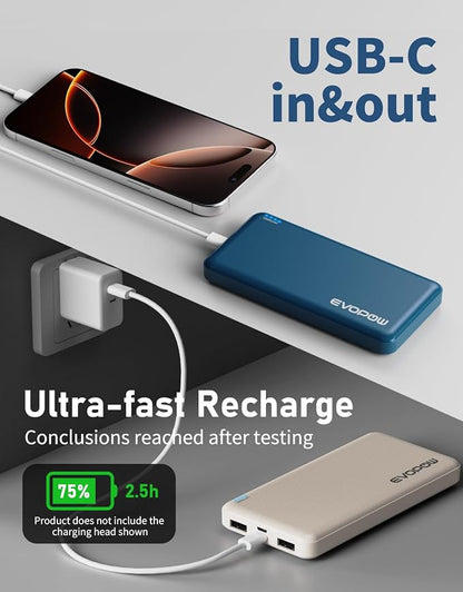 2Pack Portable Charger, 10000mAh Power Bank, Battery Pack, External Battery | Slimmer, Fast Charging, USB C in&Out, for iPhone Tablet Samsung Pixel Headphones etc (Blue&Beige)