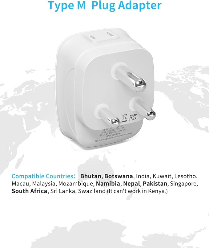 2 Pack South Africa Plug Adapter, VINTAR Type M Plug Adapter with 1 USB C, 3 USB Ports and 2 American Outlets, 6 in 1 Travel Adapter for US to Namibia, Nepal, Botswana