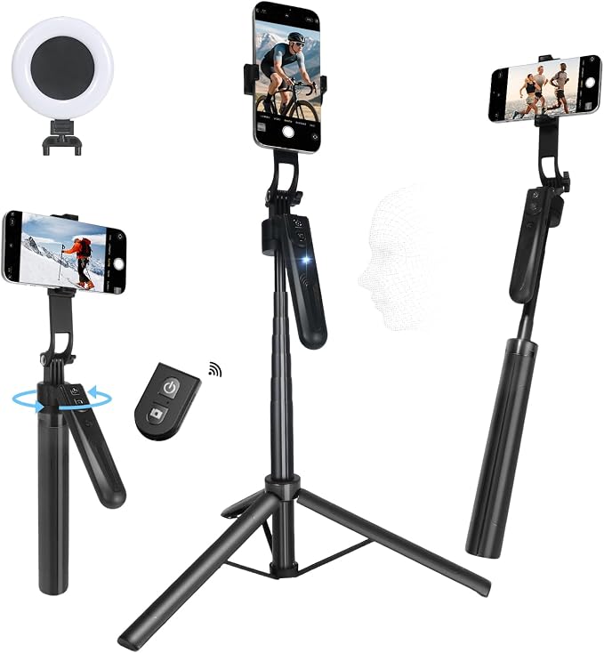 Extendable Auto Face Tracking Tripod for iPhone with Light, No App, 360° Rotation Selfie Stick for iPhone/Android, Smart AI Facial Recognition, Cameraman Shooting for Video, Vlog, Live Stream