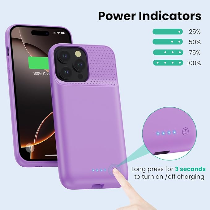 Feob Battery Case for iPhone 16 Pro Max,Ultra-Slim 8600mAh Portable Charger Cover 360°Protection Extended Battery Charging Case for iPhone 16 Pro Max-Purple